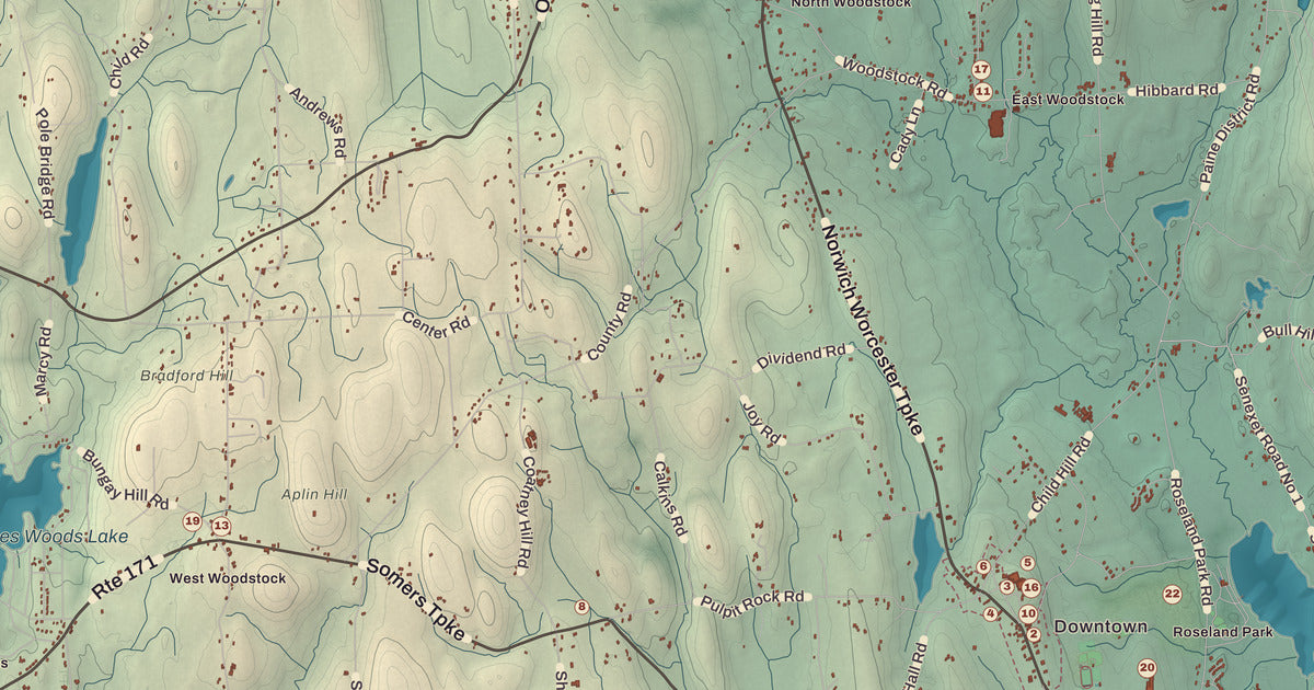 Detailed close-up of the KNOWOL map of Woodstock, Connecticut