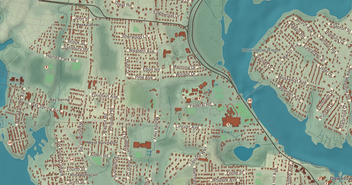 Detailed close-up of the KNOWOL map of Barrington, Rhode Island