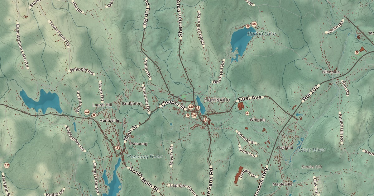 Detailed close-up of the KNOWOL map of Burrillville, Rhode Island