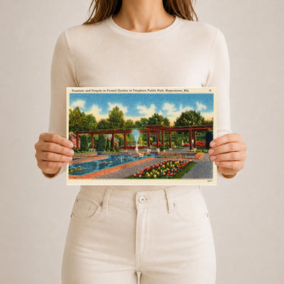 Fountain and pergola in formal garden at Pangborn Public Park, Hagerstown, MD — Vintage Maryland Postcard