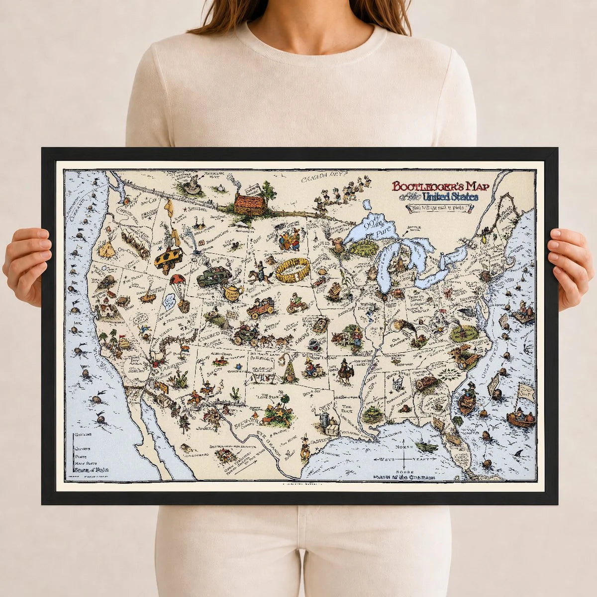 Bootlegger's Map of the United States, a hand-colored 1920s Prohibition-era pictorial map that turns American cities into drinking puns