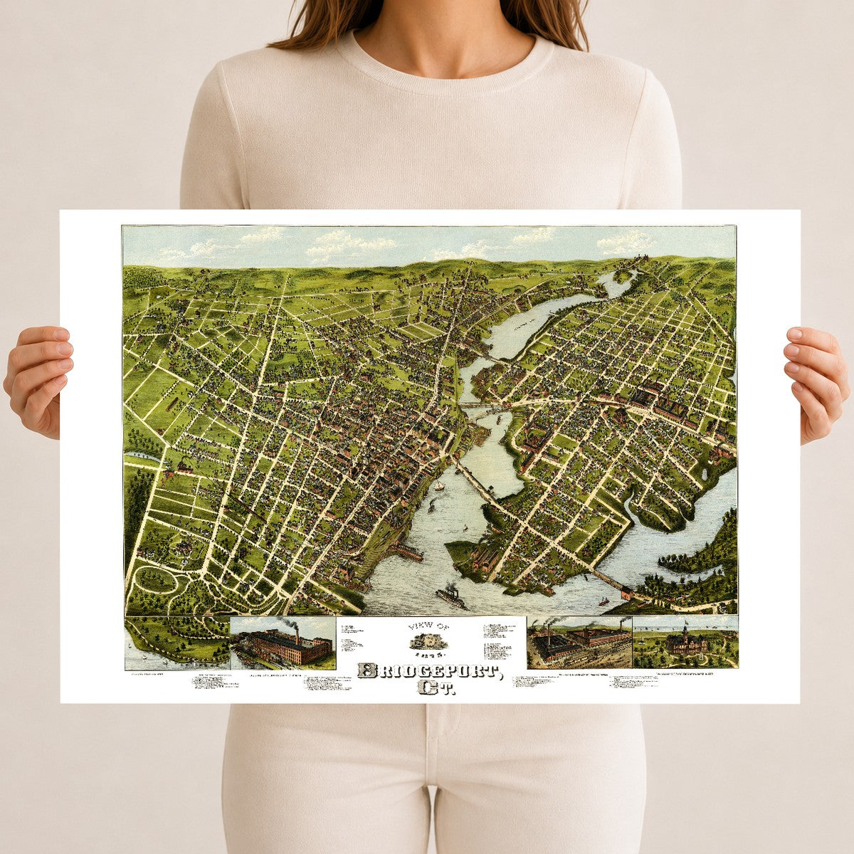 Restored 1875 bird's-eye map of Bridgeport, Connecticut showing the Pequonnock River, the harbor, East Bridgeport, Seaside Park and P.T. Barnum's Waldemere.