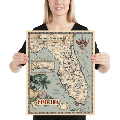Colorful 1953 pictorial map of Florida showing illustrated towns, citrus groves, wildlife, palm trees, and coastlines with the state seal and a compass rose.
