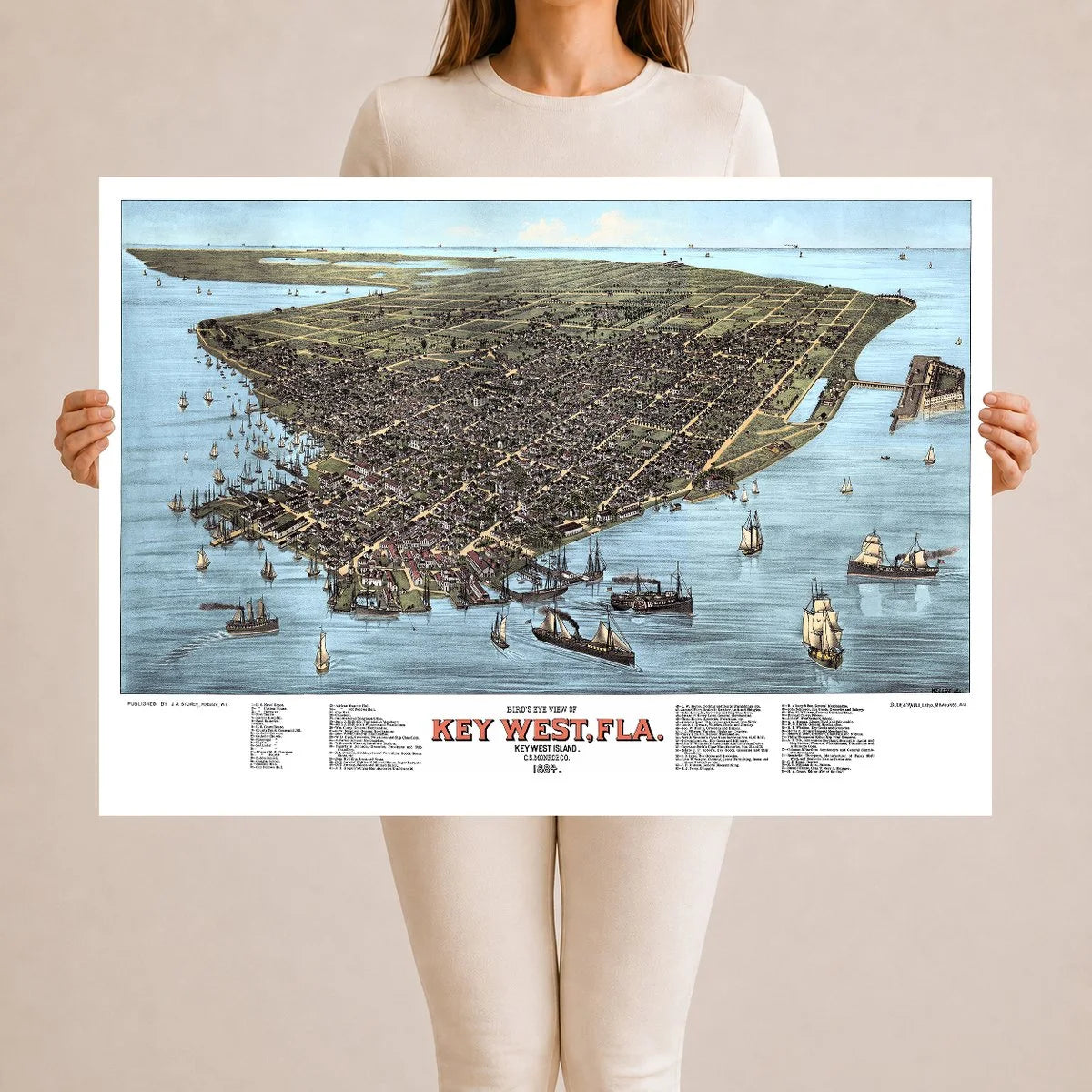 Colorized 1884 bird's eye view map of Key West, Florida by J.J. Stoner