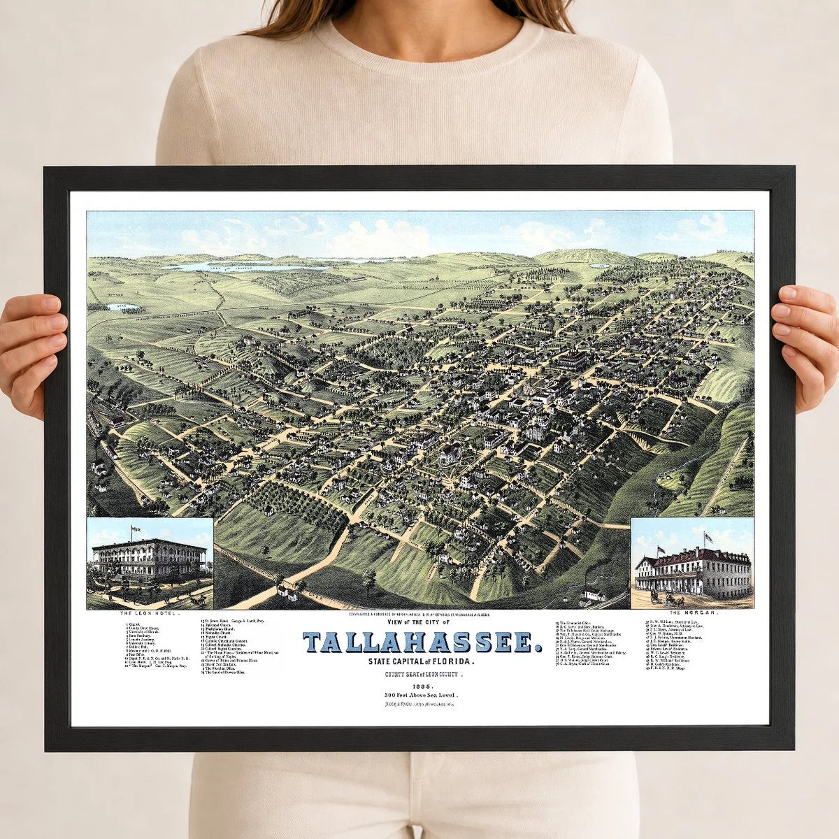 Restored colorized 1885 bird’s-eye view map of Tallahassee, Florida, showing the Capitol, University of Florida, State Seminary, Lincoln Academy, Leon Hotel, The Morgan, churches, railroads, homes, farms, and surrounding Leon County countryside.