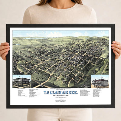 Restored colorized 1885 bird’s-eye view map of Tallahassee, Florida, showing the Capitol, University of Florida, State Seminary, Lincoln Academy, Leon Hotel, The Morgan, churches, railroads, homes, farms, and surrounding Leon County countryside.