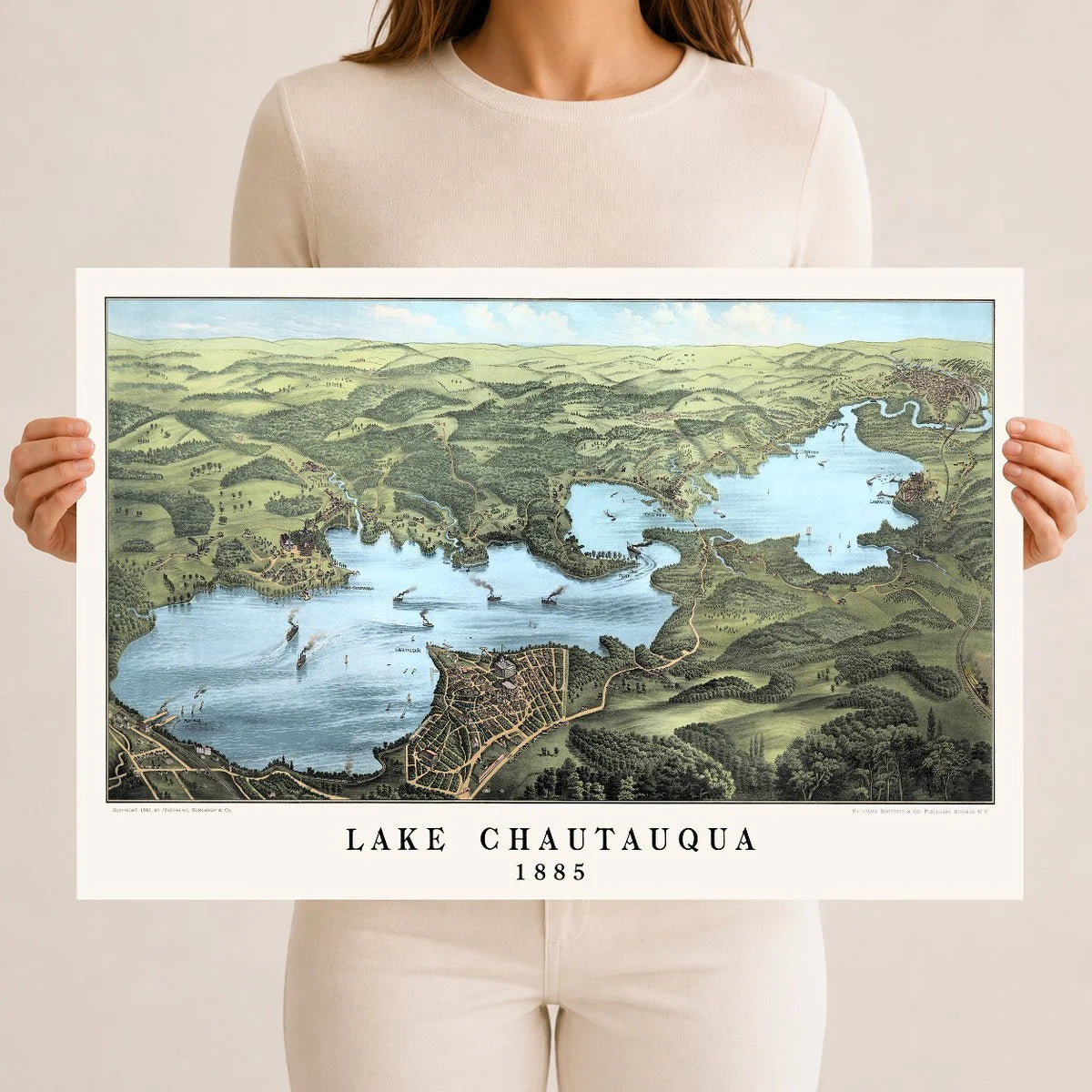 Vintage Map of Lake Chautauqua from 1885 restored and colorized by KNOWOL