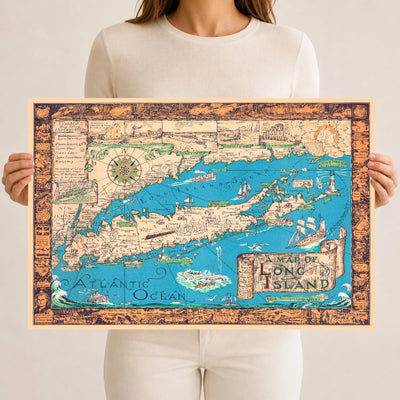 Colorful 1933 pictorial map of Long Island, New York, showing villages, lighthouses, ships, and ornamental border vignettes.