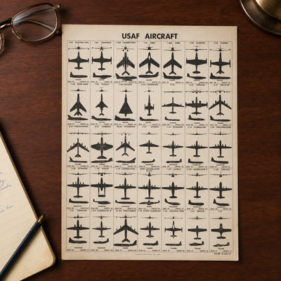 Restored circa 1956 USAF aircraft identification poster showing fighter, bomber, transport, tanker, trainer, and patrol aircraft silhouettes with wingspan and length details.