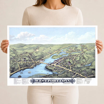 Restored 1878 bird’s-eye map of Westport, Connecticut showing Saugatuck Bay, the Saugatuck River, Gorham Island, historic streets, homes, churches, and mills.