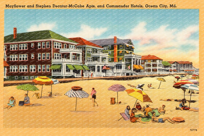 Mayflower and Stephen Decatur-McCabe Apts. and Commander Hotels, Ocean City, MD — Vintage Maryland Postcard