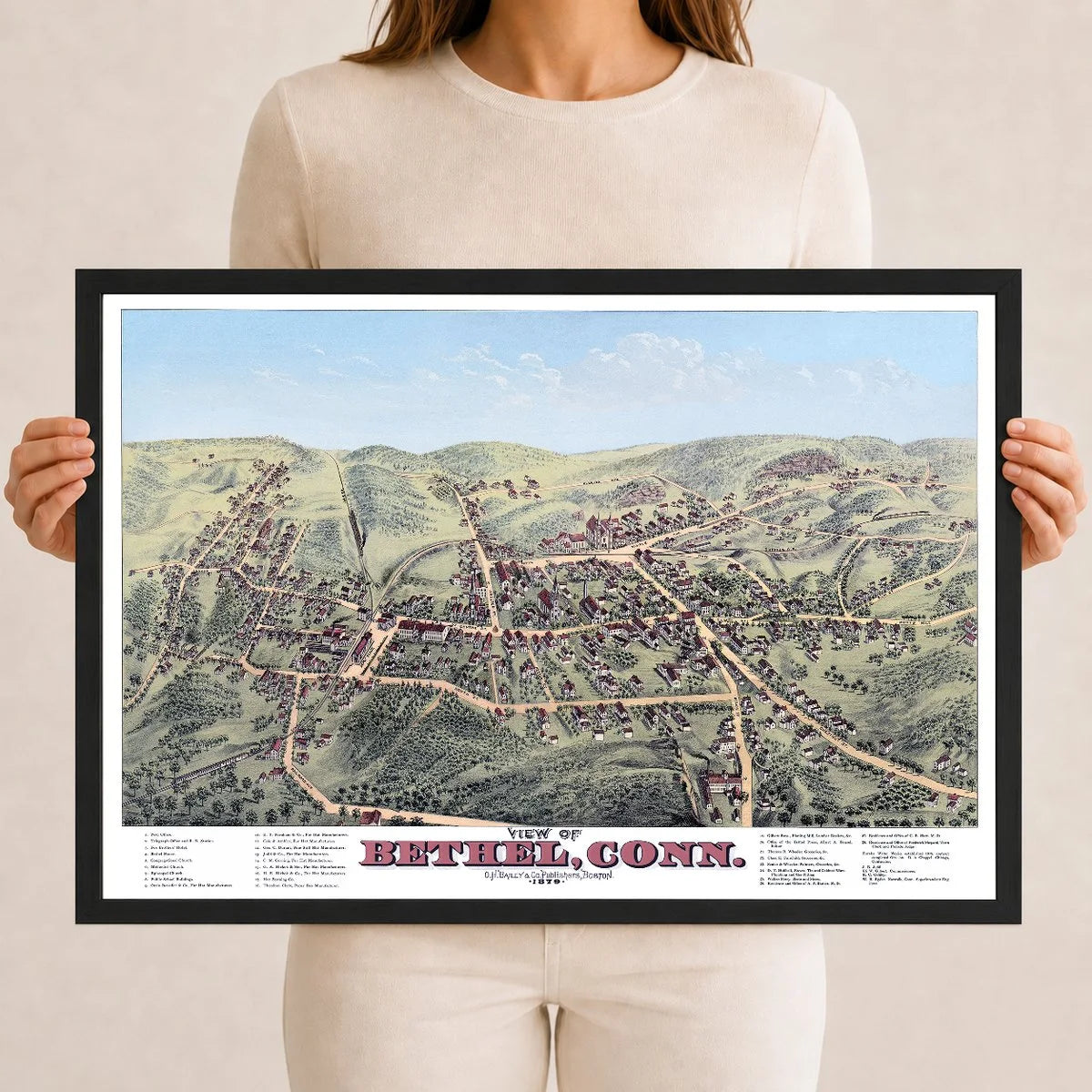 Restored and colorized 1879 bird’s-eye view map of Bethel, Connecticut by O.H. Bailey, showing historic streets, railroads, churches, factories, homes, and landmarks.