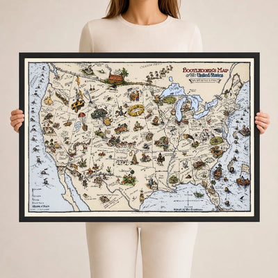 Bootlegger's Map of the United States, a hand-colored 1920s Prohibition-era pictorial map that turns American cities into drinking puns