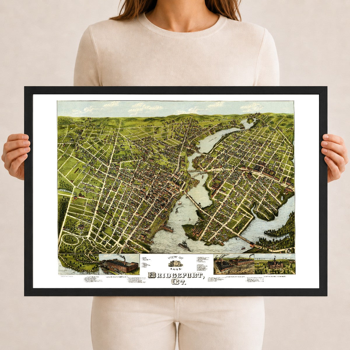 Restored 1875 bird's-eye map of Bridgeport, Connecticut showing the Pequonnock River, the harbor, East Bridgeport, Seaside Park and P.T. Barnum's Waldemere.