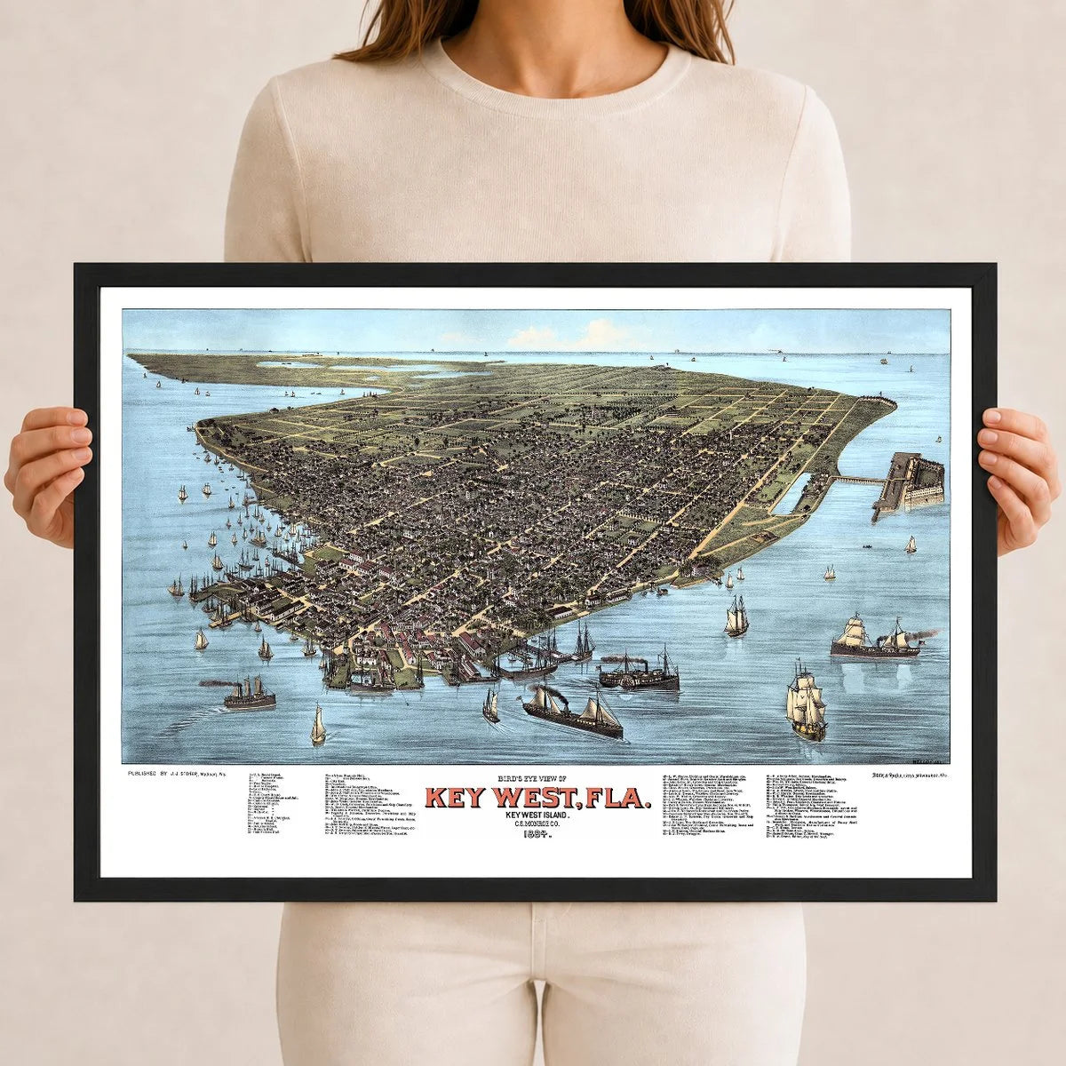 Colorized 1884 bird's eye view map of Key West, Florida by J.J. Stoner