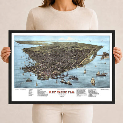 Colorized 1884 bird's eye view map of Key West, Florida by J.J. Stoner