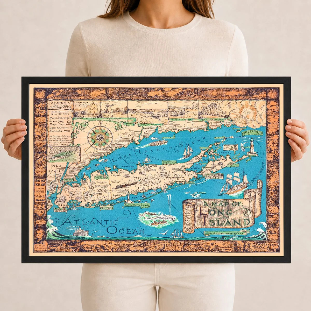 Colorful 1933 pictorial map of Long Island, New York, showing villages, lighthouses, ships, and ornamental border vignettes.