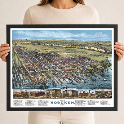 Restored and colorized 1881 bird’s-eye view map of Hoboken, New Jersey, showing historic streets, Hudson River waterfront, railroads, piers, steamers, churches, factories, homes, and landmarks.