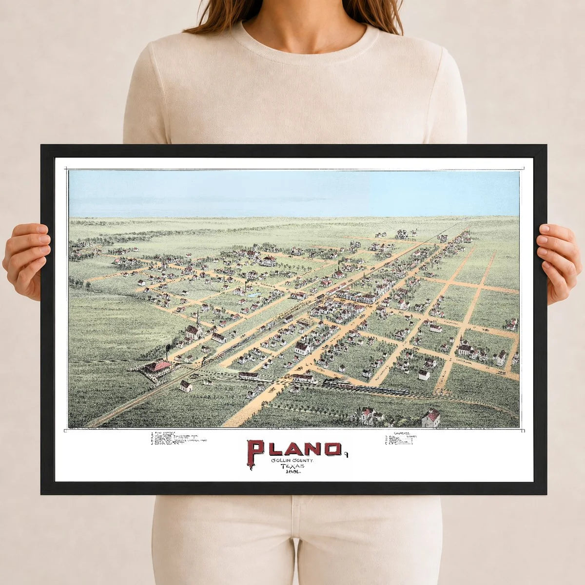 Hand-colored 1891 bird's-eye view map of Plano, Texas showing streets, railroads, churches, and homes on the prairie.