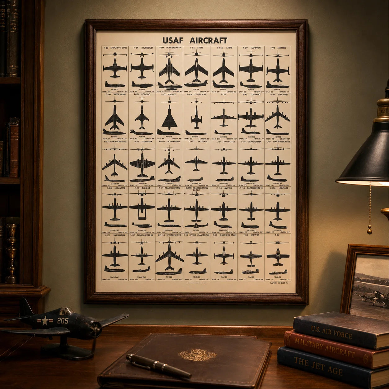 Restored circa 1956 USAF aircraft identification poster showing fighter, bomber, transport, tanker, trainer, and patrol aircraft silhouettes with wingspan and length details.