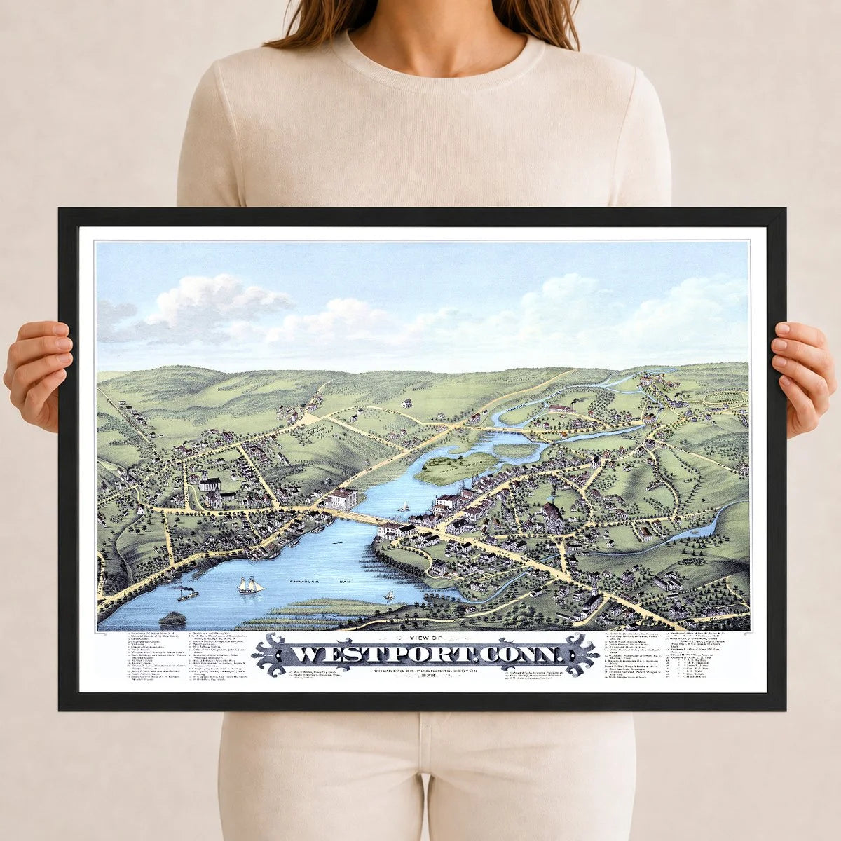 Restored 1878 bird’s-eye map of Westport, Connecticut showing Saugatuck Bay, the Saugatuck River, Gorham Island, historic streets, homes, churches, and mills.