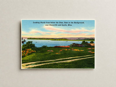 Sardis Lake, MS: Looking north from below the Dam, Dam in the background, near Batesville and Sardis