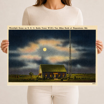 Moonlight scene on U.S. 11, radio tower W J E J. Two miles north of Hagerstown, MD — Vintage Maryland Postcard