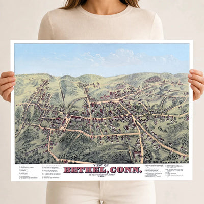 Restored and colorized 1879 bird’s-eye view map of Bethel, Connecticut by O.H. Bailey, showing historic streets, railroads, churches, factories, homes, and landmarks.