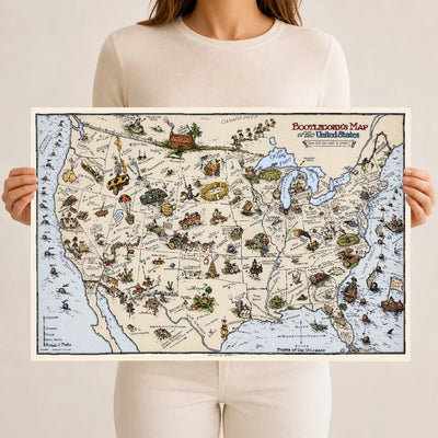 Bootlegger's Map of the United States, a hand-colored 1920s Prohibition-era pictorial map that turns American cities into drinking puns