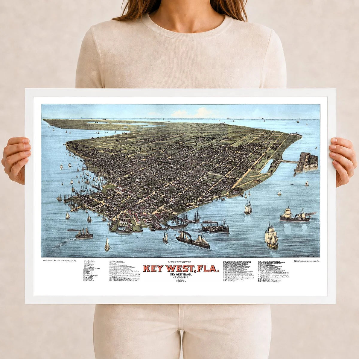 Colorized 1884 bird's eye view map of Key West, Florida by J.J. Stoner