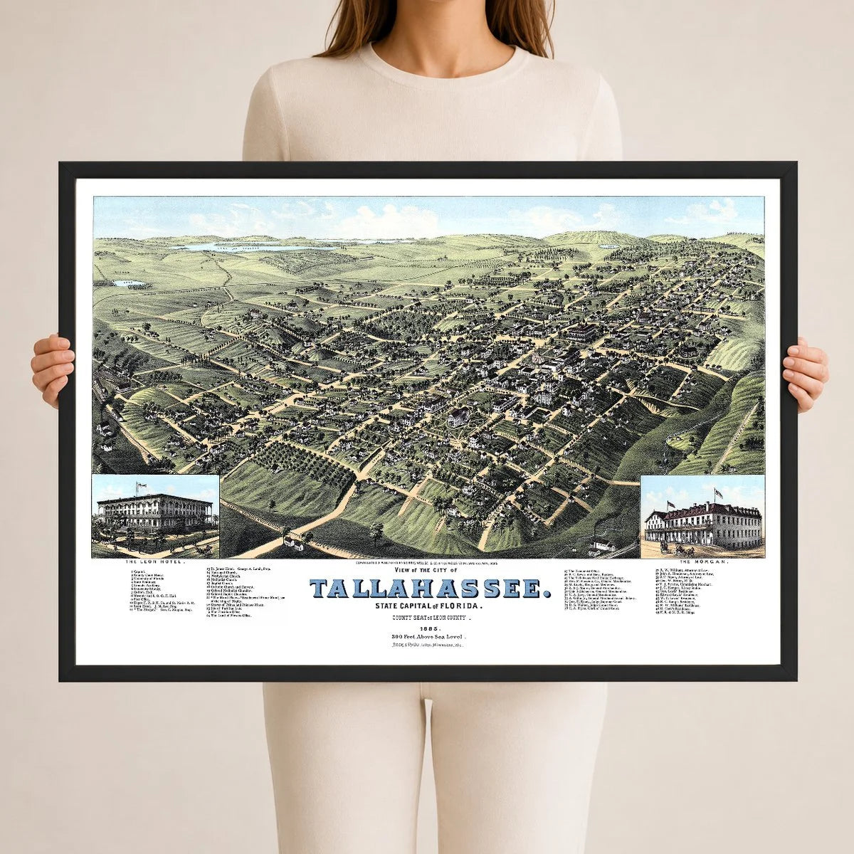 Restored colorized 1885 bird’s-eye view map of Tallahassee, Florida, showing the Capitol, University of Florida, State Seminary, Lincoln Academy, Leon Hotel, The Morgan, churches, railroads, homes, farms, and surrounding Leon County countryside.