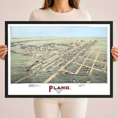 Hand-colored 1891 bird's-eye view map of Plano, Texas showing streets, railroads, churches, and homes on the prairie.