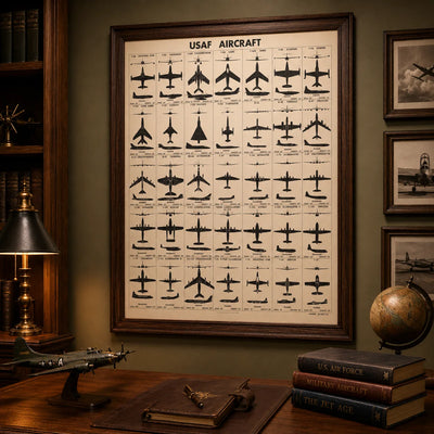 Restored circa 1956 USAF aircraft identification poster showing fighter, bomber, transport, tanker, trainer, and patrol aircraft silhouettes with wingspan and length details.
