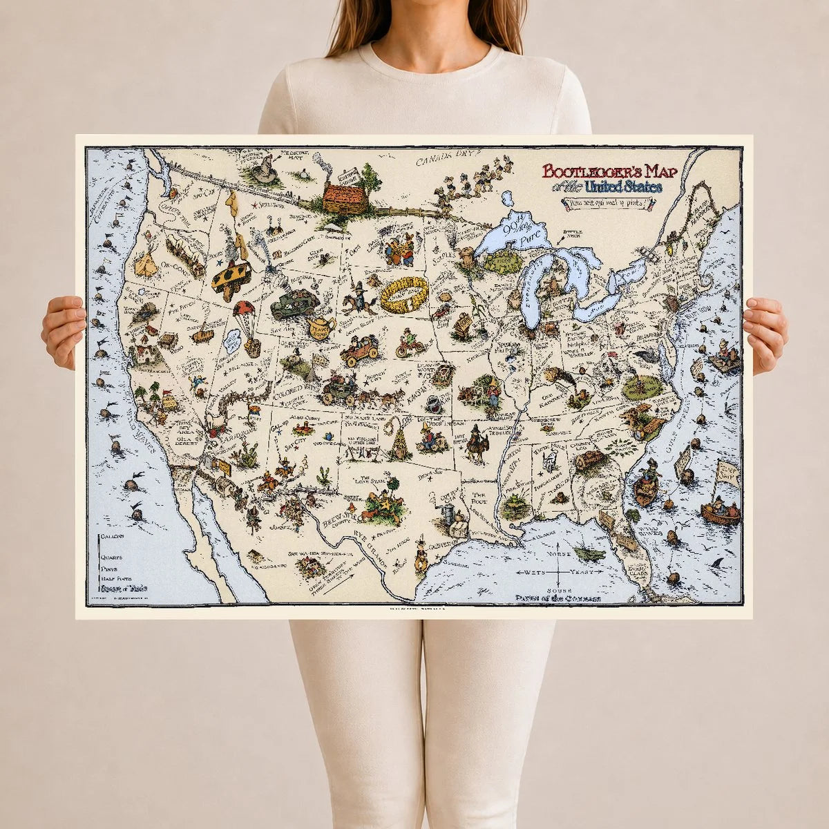 Bootlegger's Map of the United States, a hand-colored 1920s Prohibition-era pictorial map that turns American cities into drinking puns