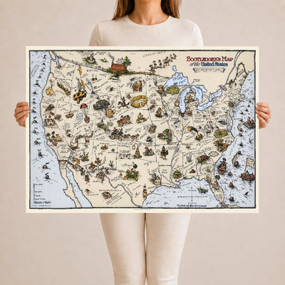 Bootlegger's Map of the United States, a hand-colored 1920s Prohibition-era pictorial map that turns American cities into drinking puns