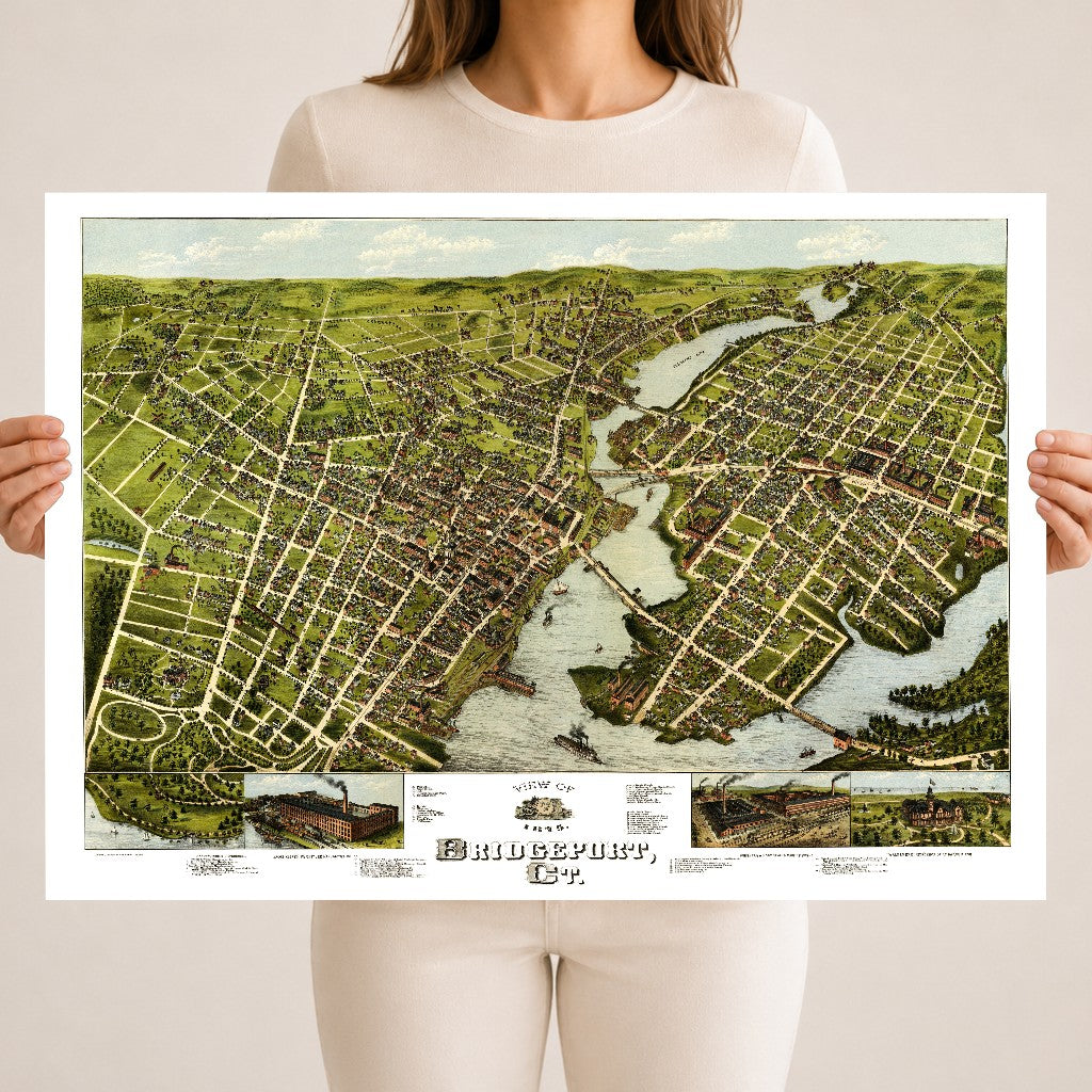 Restored 1875 bird's-eye map of Bridgeport, Connecticut showing the Pequonnock River, the harbor, East Bridgeport, Seaside Park and P.T. Barnum's Waldemere.