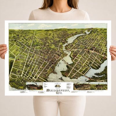 Restored 1875 bird's-eye map of Bridgeport, Connecticut showing the Pequonnock River, the harbor, East Bridgeport, Seaside Park and P.T. Barnum's Waldemere.
