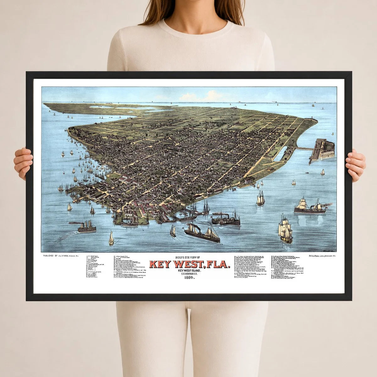 Colorized 1884 bird's eye view map of Key West, Florida by J.J. Stoner