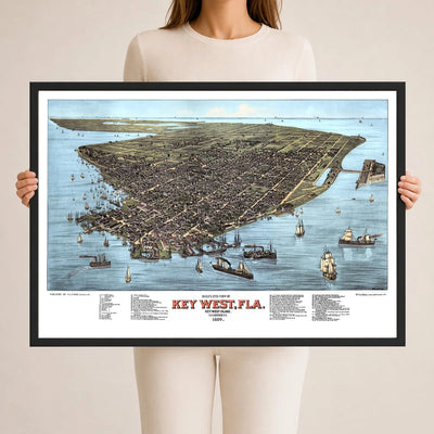 Colorized 1884 bird's eye view map of Key West, Florida by J.J. Stoner