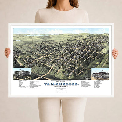 Restored colorized 1885 bird’s-eye view map of Tallahassee, Florida, showing the Capitol, University of Florida, State Seminary, Lincoln Academy, Leon Hotel, The Morgan, churches, railroads, homes, farms, and surrounding Leon County countryside.