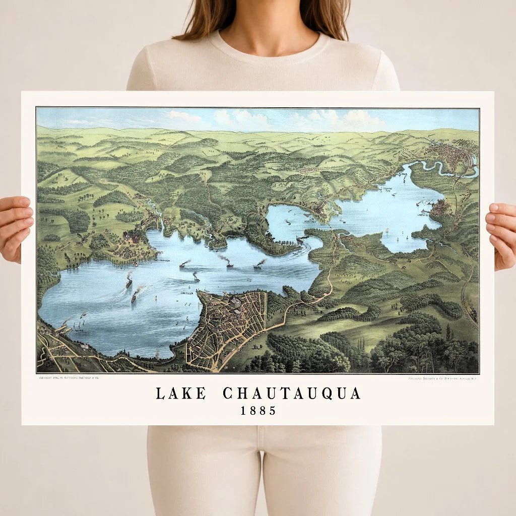 Vintage Map of Lake Chautauqua from 1885 restored and colorized by KNOWOL
