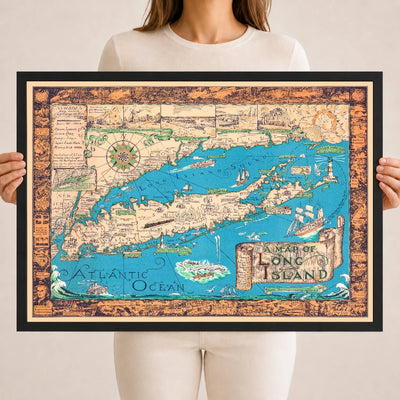 Colorful 1933 pictorial map of Long Island, New York, showing villages, lighthouses, ships, and ornamental border vignettes.