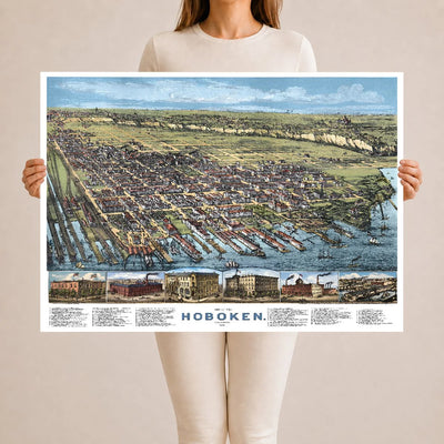 Restored and colorized 1881 bird’s-eye view map of Hoboken, New Jersey, showing historic streets, Hudson River waterfront, railroads, piers, steamers, churches, factories, homes, and landmarks.