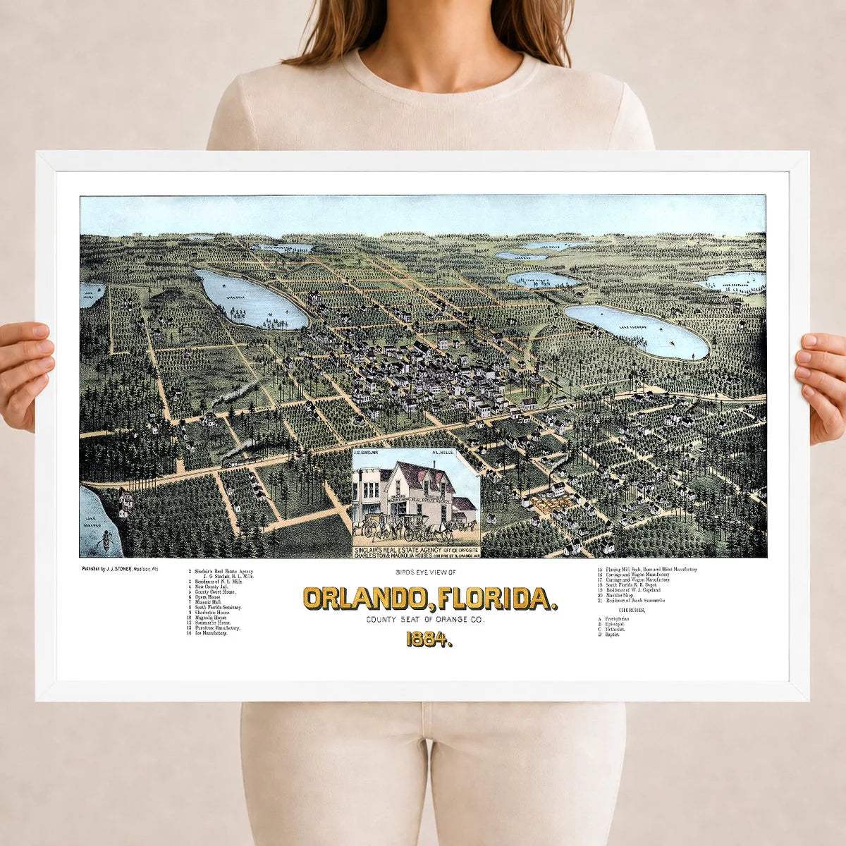 Vintage Map of Orlando Florida from 1884 restored and colorized by KNOWOL