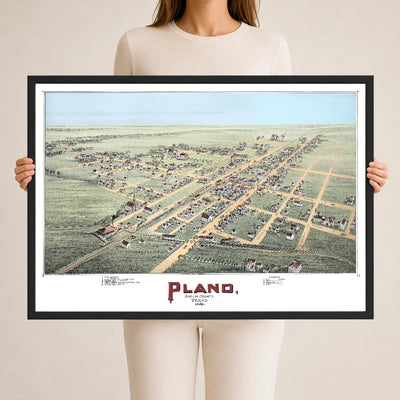 Hand-colored 1891 bird's-eye view map of Plano, Texas showing streets, railroads, churches, and homes on the prairie.
