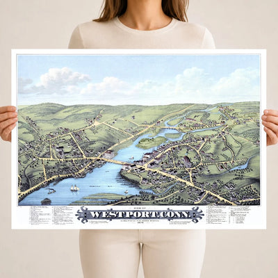 Restored 1878 bird’s-eye map of Westport, Connecticut showing Saugatuck Bay, the Saugatuck River, Gorham Island, historic streets, homes, churches, and mills.