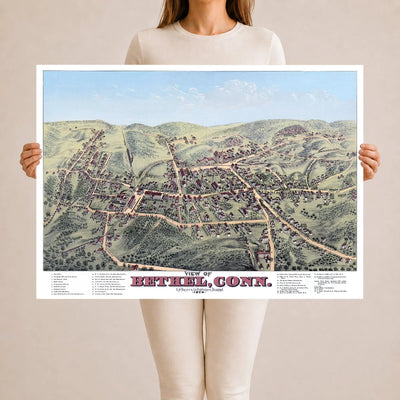 Restored and colorized 1879 bird’s-eye view map of Bethel, Connecticut by O.H. Bailey, showing historic streets, railroads, churches, factories, homes, and landmarks.