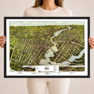 Restored 1875 bird's-eye map of Bridgeport, Connecticut showing the Pequonnock River, the harbor, East Bridgeport, Seaside Park and P.T. Barnum's Waldemere.