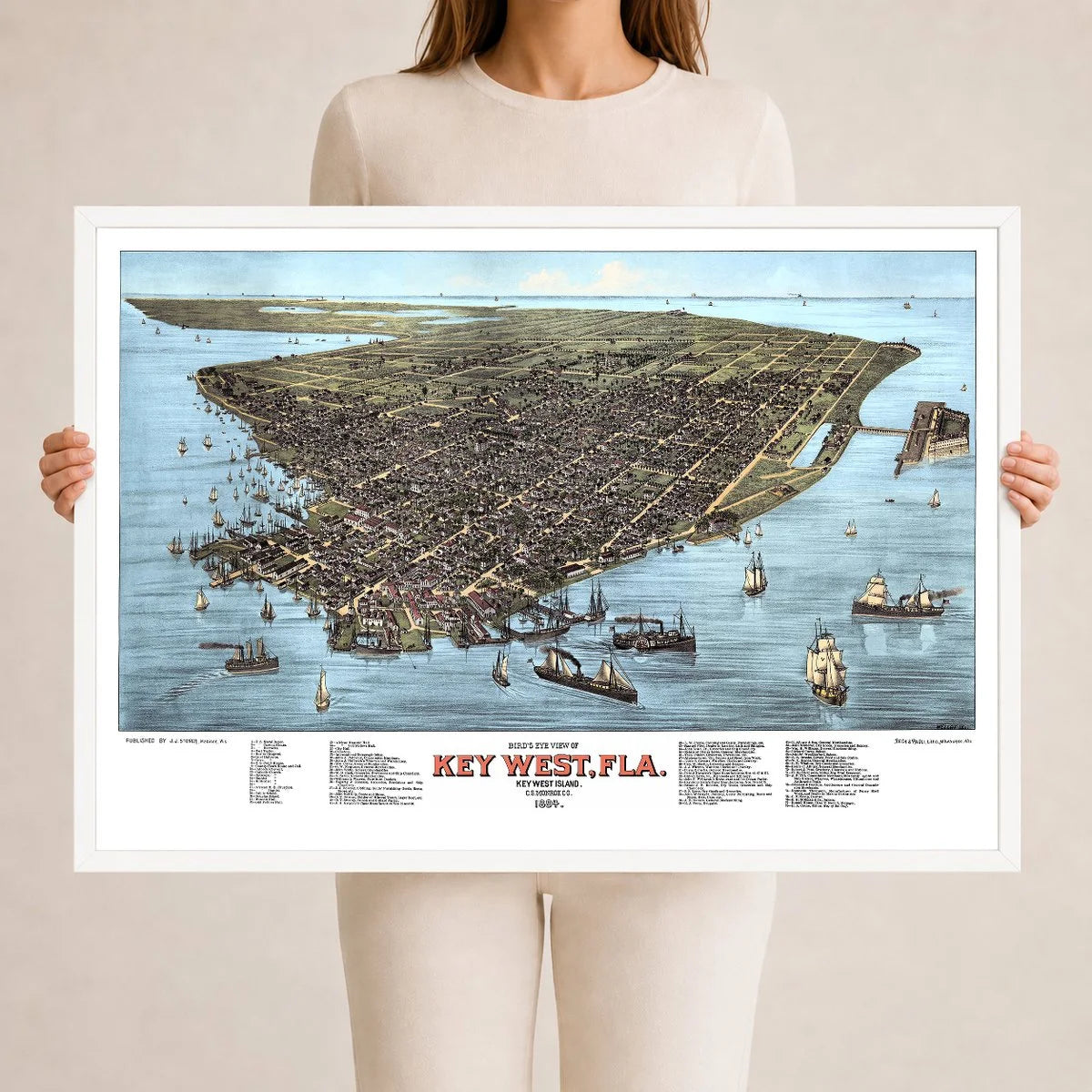 Colorized 1884 bird's eye view map of Key West, Florida by J.J. Stoner