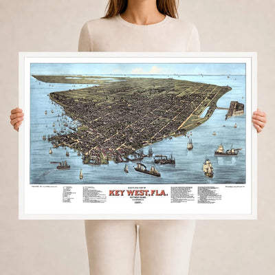 Colorized 1884 bird's eye view map of Key West, Florida by J.J. Stoner